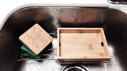 Kitchen sink sponges tray cleaning wet background