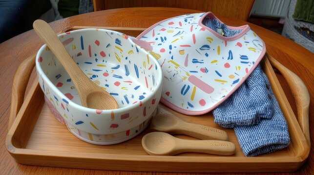 Baby's colorful mealtime set on tray, indoor
