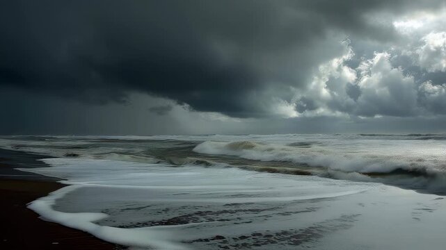 Dramatic storm clouds rolling over a windswept north sea coastline with churning gray waves crashing against rugged rocks under heavy rain‑laden skies