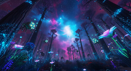 Fantastical journey through a bioluminescent alien forest, with glowing flora and whimsical creatures under a vibrant cosmic sky.