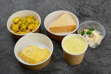 lunch set soup meat and salad with dessert