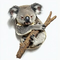 Koala clinging to a branch on a white background