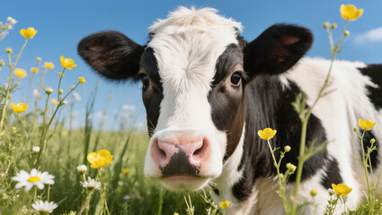 Close-up of a curious black and white cow standing in a wildflower meadow under a clear blue sky. Peaceful rural summer scene.