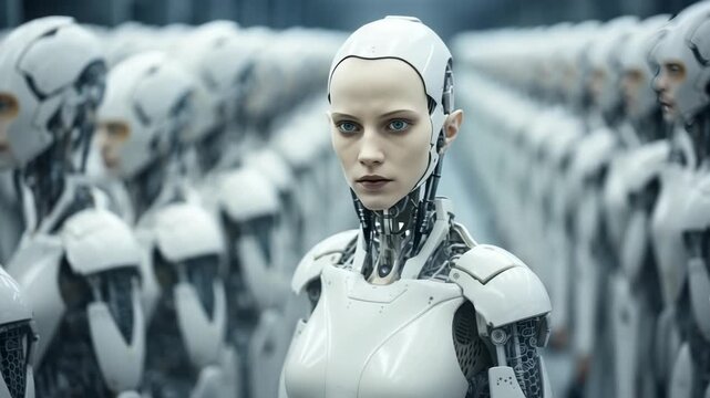  A cyborg woman stands near a row of robots. Concept of the future, technology, artificial intelligence, humanoid robots