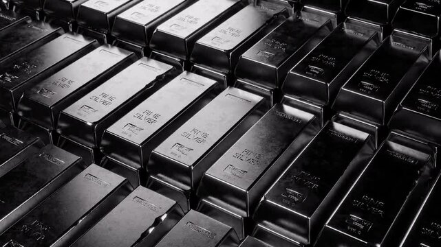 Stack of fine silver bullion bars with crisp lighting and contrast. Ideal for finance, investment, precious metals, and wealth-related visuals. Perfect for series-based content. Looped video