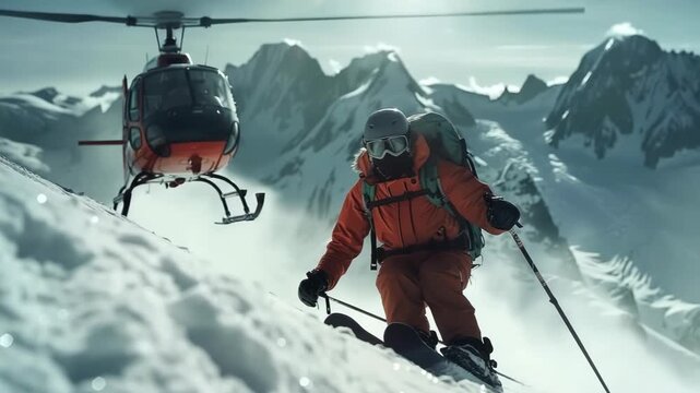  A skier conquers the breathtaking snowy mountain slopes of peaks. Heli sking