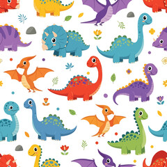 Adobe Illustrator artwork seamless pattern of cute cartoon dinosaurs including Triceratops, Pterodactyl, and long-necked varieties, with flowers and leaves. Ideal for children's products
