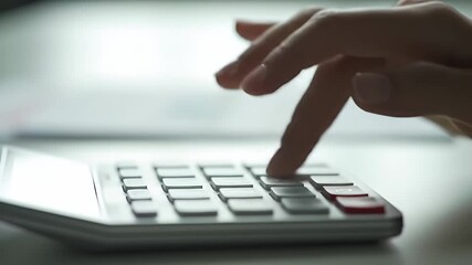 Close Up of a Hand Operating a White Calculator on a White Table Calculating Finances and Planning Budgets for Business Strategy and Investment - Powered by Adobe