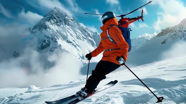  A skier conquers the breathtaking snowy mountain slopes of peaks. Heli sking