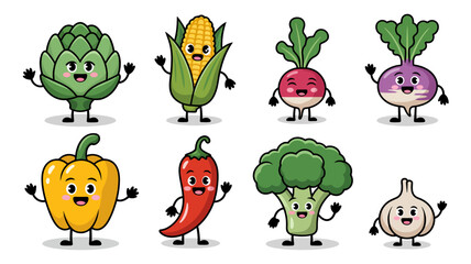 Obraz premium Cheerful Crop Characters: A collection of vibrant vegetable characters, from artichoke to garlic, wave hello, embodying the joy of fresh produce in a digitally illustrated scene.