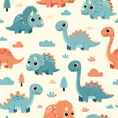 Adobe Illustrator artwork seamless pattern of cute cartoon dinosaurs including Triceratops, Pterodactyl, and long-necked varieties, with flowers and leaves. Ideal for children's products
