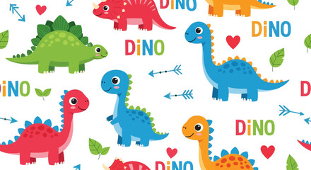 Adobe Illustrator artwork seamless pattern of cute cartoon dinosaurs like Stegosaurus and Brachiosaurus, with "DINO" text, hearts, and arrows. Ideal for children's textiles and decor