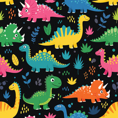 Adobe Illustrator artwork seamless pattern of colorful cartoon dinosaurs, including Triceratops and Brachiosaurus, with tropical leaves. Perfect for fabric, kids' designs, and apparel