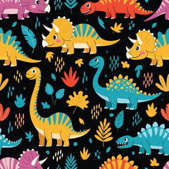 Adobe Illustrator artwork seamless pattern of colorful cartoon dinosaurs, including Triceratops and Brachiosaurus, with tropical leaves. Perfect for fabric, kids' designs, and apparel