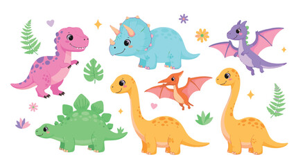 Naklejka premium Adobe Illustrator artwork of a set of cute cartoon dinosaurs including a Pterodactyl, Triceratops, Brachiosaurus, and others, with eggs and bones. Perfect for children's designs