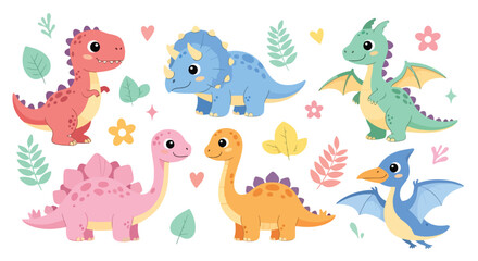 Adobe Illustrator artwork of a set of cute cartoon dinosaurs including a Pterodactyl, Triceratops, Brachiosaurus, and others, with eggs and bones. Perfect for children's designs © meeblues
