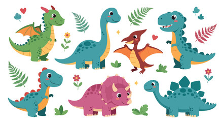 Adobe Illustrator artwork of a set of cute cartoon dinosaurs including a Pterodactyl, Triceratops, Brachiosaurus, and others, with eggs and bones. Perfect for children's designs