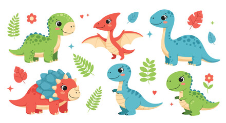 Adobe Illustrator artwork of a set of cute cartoon dinosaurs including a Pterodactyl, Triceratops, Brachiosaurus, and others, with eggs and bones. Perfect for children's designs