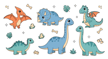 Adobe Illustrator artwork of a set of cute cartoon dinosaurs including a Pterodactyl, Triceratops, Brachiosaurus, and others, with eggs and bones. Perfect for children's designs © meeblues
