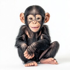 Adorable Baby Chimpanzee Sitting and Smiling on White Background