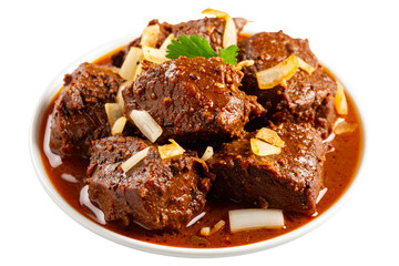 Kala Bhuna Beef Chunk with Thick Blackened Gravy Layer and Fried Onion Bits, Transparent Background