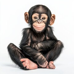 Adorable Baby Chimpanzee Sitting and Smiling on White Background