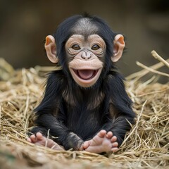 Adorable Baby Chimpanzee Smiling in a Nest