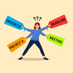 A metaphor for work overload and multitasking. The figure of a man whose limbs are pulled in different directions by signs with inscriptions, symbolizing stress and exhaustion from numerous demands.