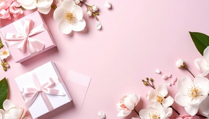 Elegant gift presentation with pink flowers and boxes celebratory event studio background floral arrangement aesthetic viewpoint