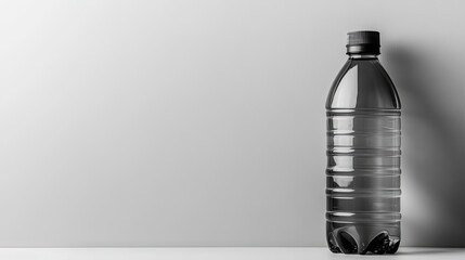 A grayscale image shows a clear plastic water bottle with a black cap standing upright against a light gray background, slightly angled to the right. 