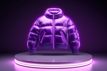 Purple puffer jacket displayed on a pedestal.