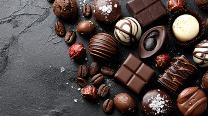 Assorted chocolate truffles and coffee beans on dark slate background. arrangement includes various shapes and textures