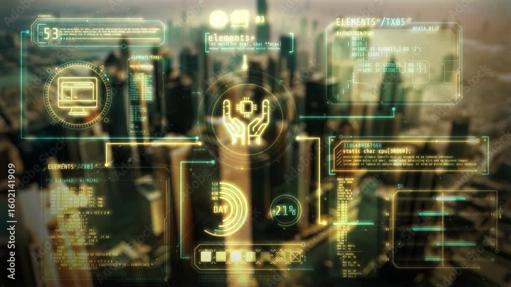 Sticker holographic interface with ai data analysis against a city background