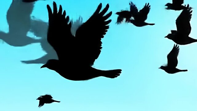 Silhouetted birds soar against a light blue sky, wings outstretched