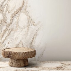 Rustic Wood Slice Display on Marble Texture Backdrop, product display , mockup