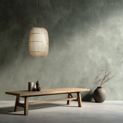 Serene Interior Wood Bench, Woven Lamp and Green Texture, Minimalist , Design