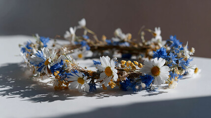 A delicate floral wreath made of white daisies and vibrant blue cornflowers arranged on a soft light background for natural and rustic decoration