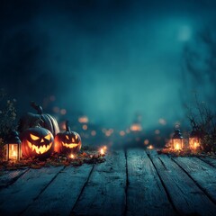 Spooky Halloween Night Jack-o'-Lanterns and Lanterns Glow on Wooden Surface,Halloween , Pumpkins