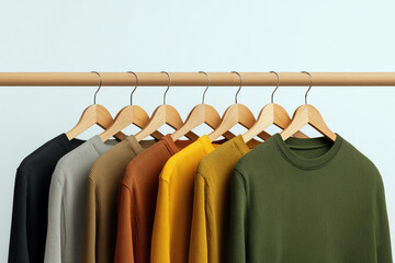 Colorful textured long sleeve shirts neatly arranged on wooden hangers hanging on rack with neutral background