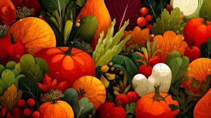 Vibrant Vegetable Harvest Pumpkins, Tomatoes and Greens, Autumn , Produce