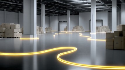 Warehouse with Boxes and Glowing Path,Logistics,Storage