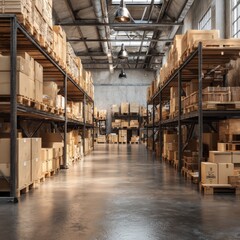 Warehouse Interior Boxes on Shelves and Concrete Floor, Logistics, Storage