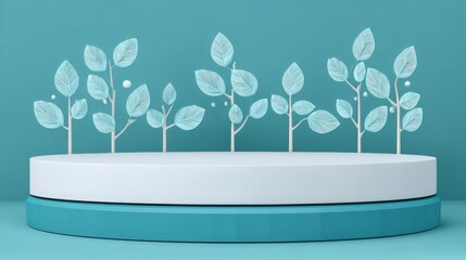 White and Teal Product Display with Leaf Design, Mockup ,Podium