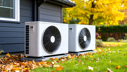 Heat pumps with autumn garden, and home.