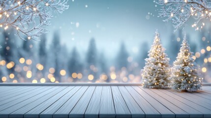 Winter Wonderland Snowy Trees and Wooden Deck, Christmas , Background