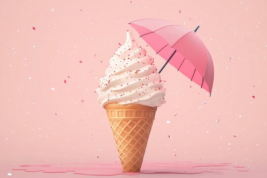Delightful ice cream cone topped with whipped cream and tiny umb