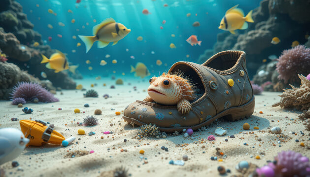 Underwater scene featuring unique fish in an old shoe coral reef digital art aquatic environment close-up view