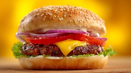hamburger with melted cheese tomato and onion bright background