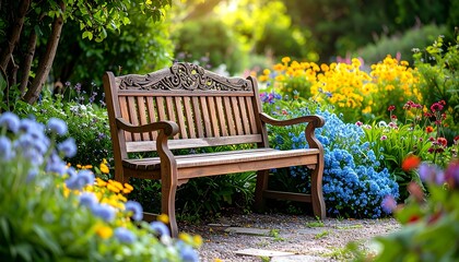 Obraz premium Wooden park bench in a vibrant flower garden (2)