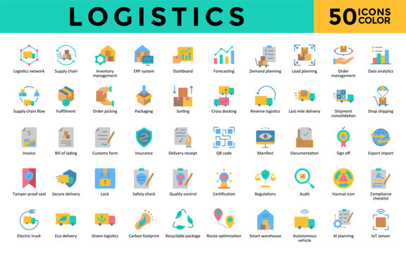  Logistics icons set with logistics network, supply chain, inventory management, erp system, dashboard, forecasting, demand planning, load planning, order management icon. Simple flat color vector 
